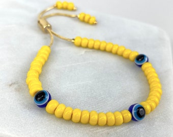 18k Gold Filled 1mm Snake Chain, Yellow Beads, Blue Evil Eyes, Colored Adjustable Bracelet Wholesale Jewelry Supplies