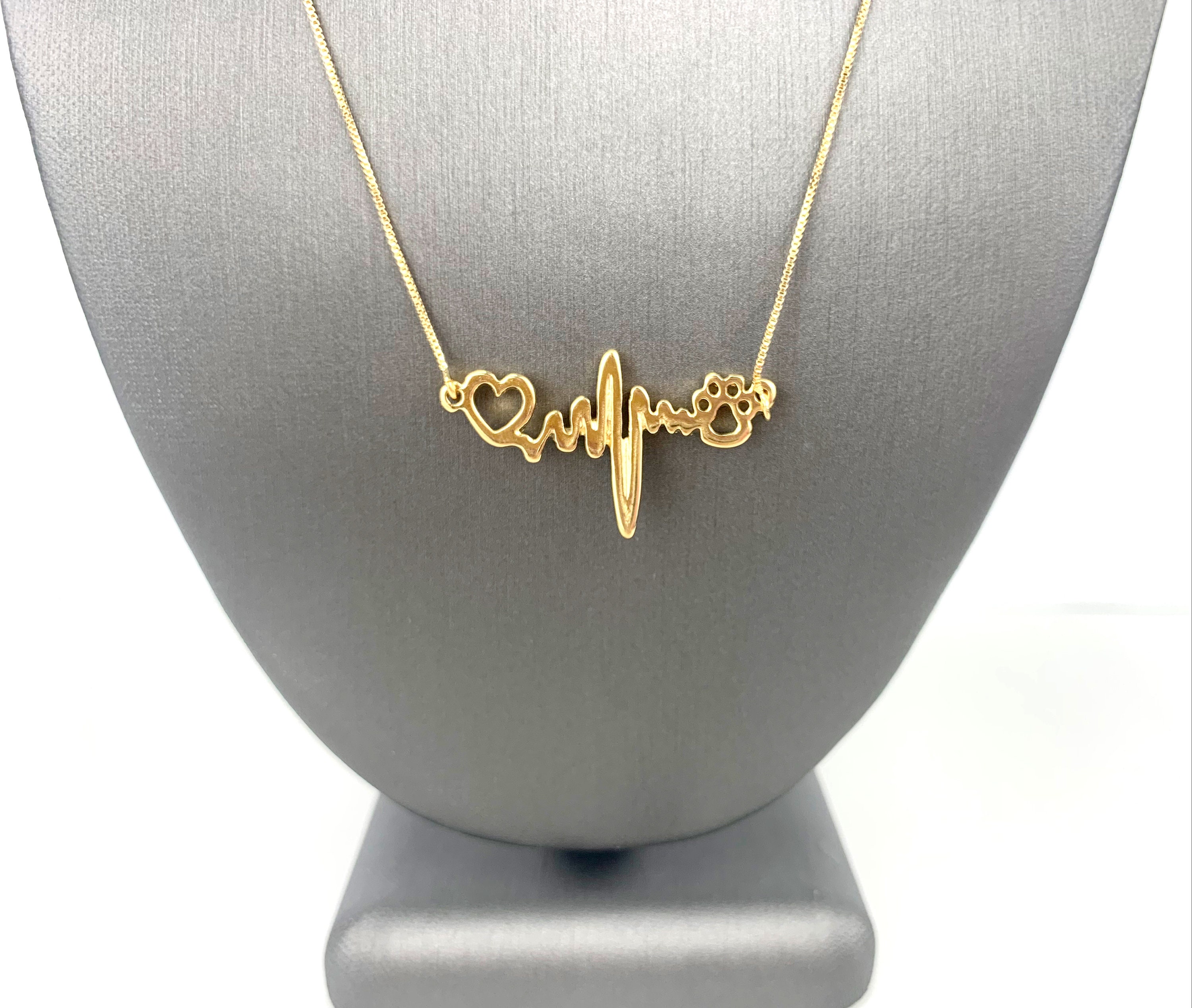 Dog Paw and Heartbeat Necklace 18k Solid Yellow Gold Lover Dog Pet Heartbeat Necklace for Women Girls and Teens