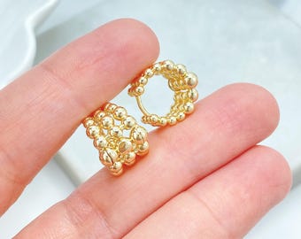 18K Gold Filled Beaded Huggie Earrings, Textured Bubble Hoops for Women