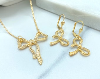 18k Gold Filled Textured Bow Necklace and Dangle Bows Earrings Set, Vintage Bow Jewelry, Romantic Set Jewelry, Wholesale Jewelry