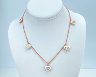Rose Gold Filled White Heart Necklace, Enamel CZ Charm Chain