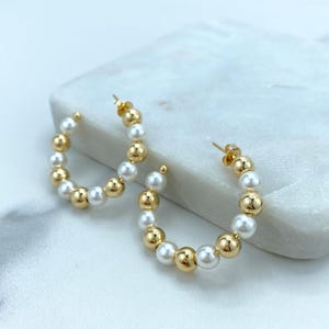 18k Gold Filled 6mm Thickness, Open Pearl Beaded Hoop, Gold Beads and Simulated Pearl C-Hoop, 34mm Beaded Hoop, Wholesale Jewelry