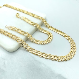 18k Gold Filled 8mm Double Layered Cuban Link Chain Flat with Diamond Cut Necklace & Bracelet, Buy as a Set, Wholesale Jewelry Supplies