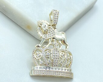Colgante pavé de circonitas cúbicas bañado en oro de 14 k, dije de león y corona helados
