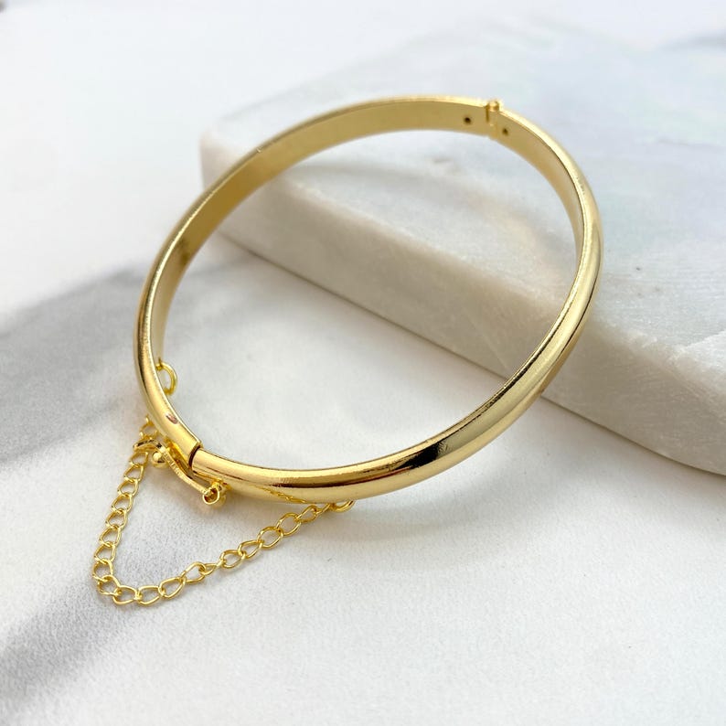 18k Gold Filled Bangle Bracelets With Safety Clasp and Chain, or Safety