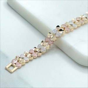 18k Gold Filled Three Tone Texturized Hearts 8 inches Bracelet Wholesale Jewelry Making Supplies