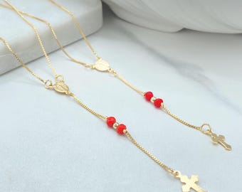 18K Gold Filled Rosary Necklace, La Milagrosa with Red or Wine Beads