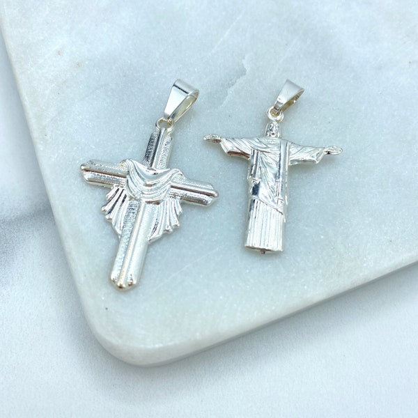 Silver Filled Cross with Shroud Pendant OR Christ Redeemer Statue Jesus Pendant, Cristo Redentor Rio Brazil, Pendant Only, Wholesale Jewelry