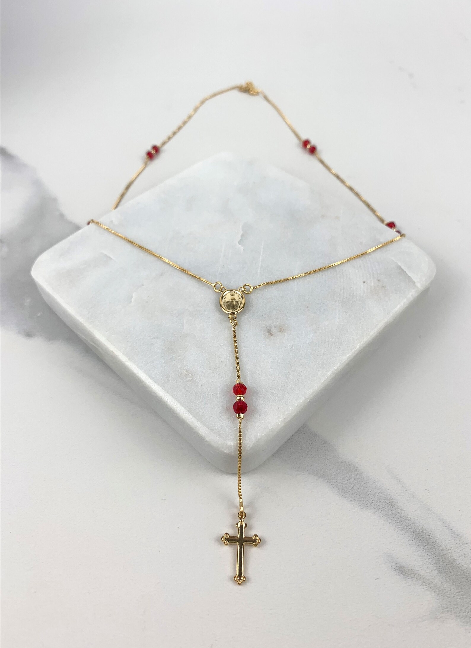 18k Gold Filled Virgen Milagrosa, Our Lady of Miracles Red Beads Rosary ...