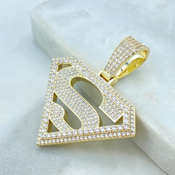 18k Gold Filled Cubic Zirconia Superman Pendant, Superman Logo Pendant, Hip Hop Superman Pendant, Iced Superman Pedant, Wholesale Jewelry