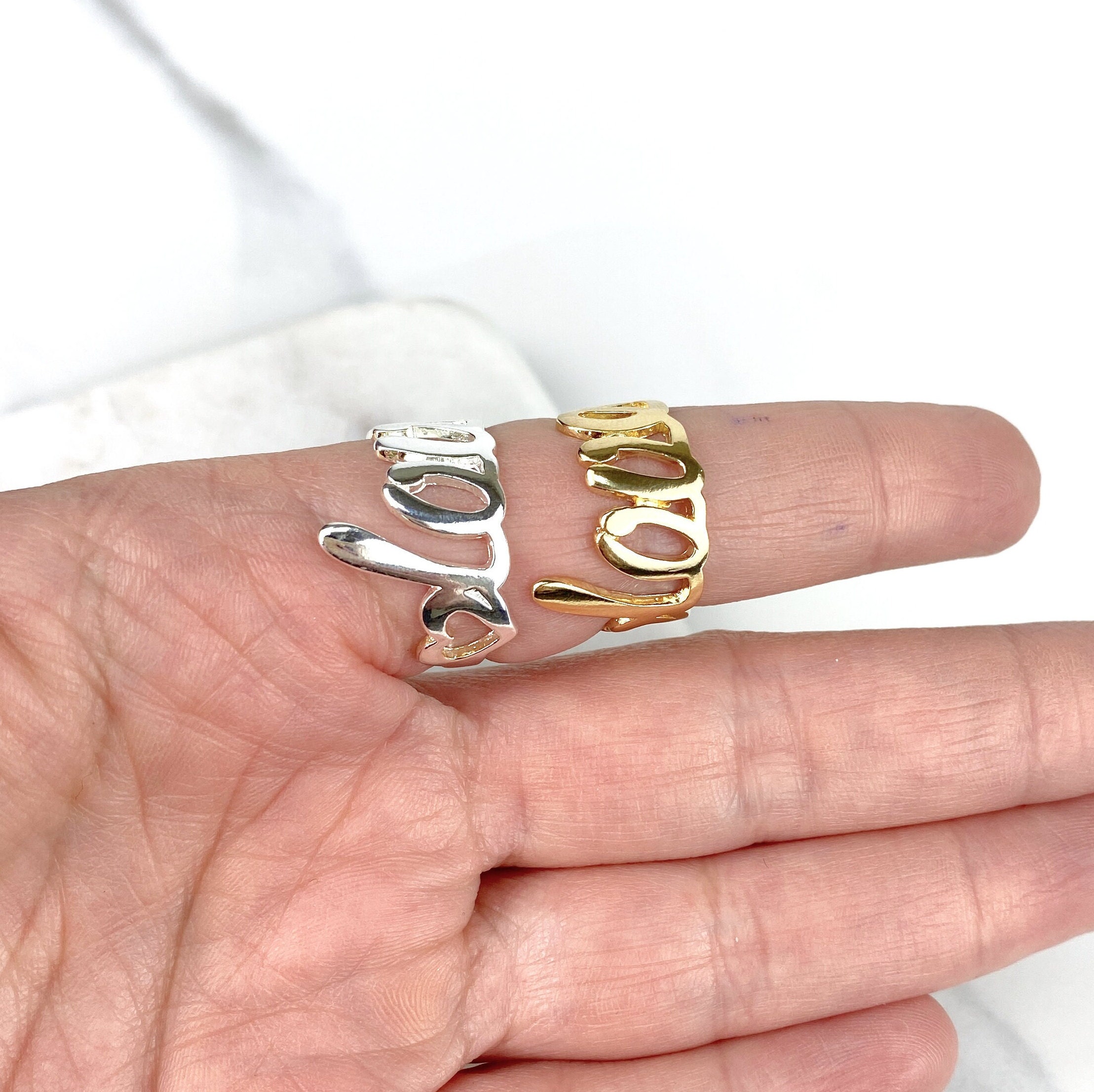 ゴールド ラブ文字リング 18K 18金 18金張りのラブリング、文字入り、ゴールドまたはシルバー、ジュエリー