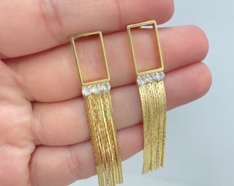 18K Gold Filled Tassel Earrings, CZ Rectangle Stud Design