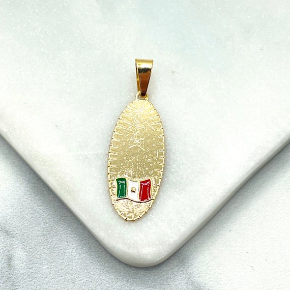 18k Gold Filled Mexican Flag With Virgen De Guadalupe Our Lady of