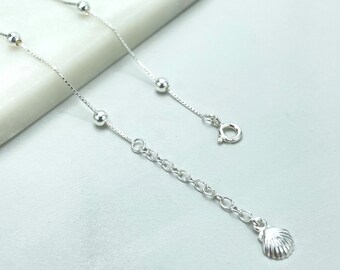 925 Sterling Silver 1mm Satellite Chain Anklet with Extender & Dangle Shell Charm, Wholesale Jewelry Making Supplies