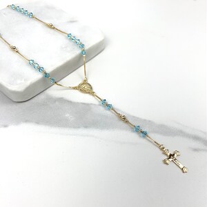 Rosario de Nuestra Señora de Guadalupe con Cuentas de Aguamarina Rellenadas en Oro de 18k, Protección Religiosa, Venta al por Mayor y Suministros de Joyería