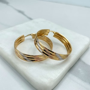 18k Gold Filled 39mm Tri-Tone, Tri-Color Flat & Texturized Diamond Cut Design Hoops Earrings, Wholesale Jewelry Making Supplies