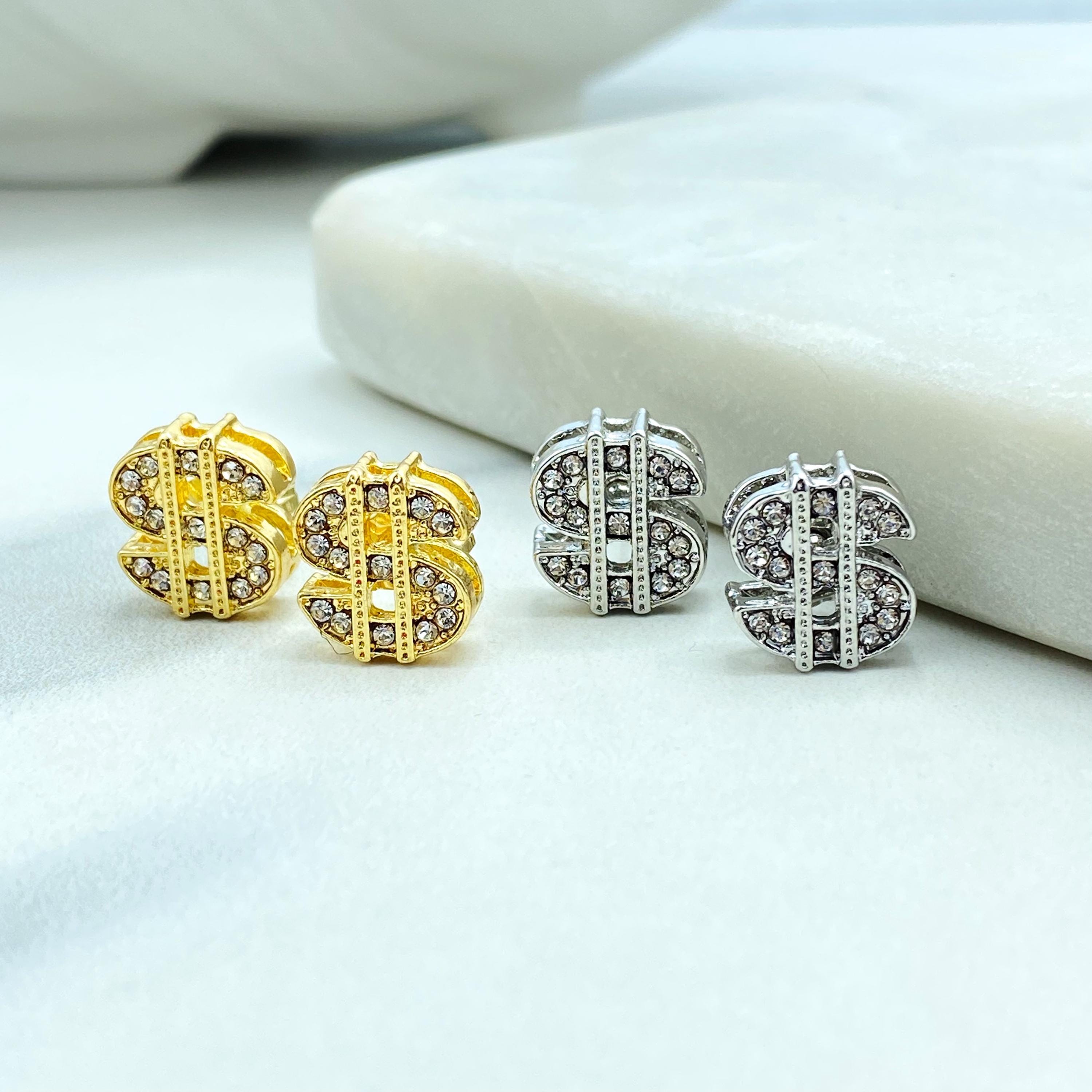 指輪 18金張りまたは銀張り、ドル記号スタッドピアス、CZパヴェドル記号