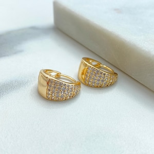 18k Gold Filled Classic Huggie featuring Micro Cubic Zirconia Front and Filigree Back, Wholesale Jewelry