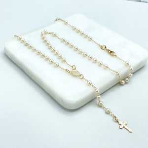 18k Gold Filled Simulated Pearls Linked Rosary Necklace La Milagrosa, Miraculous Virgin, Wholesale Jewelry Making Supplies
