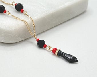 18K Gold Plated Figa Hand Bracelet, Simulated Azabache Beads and Red Accents