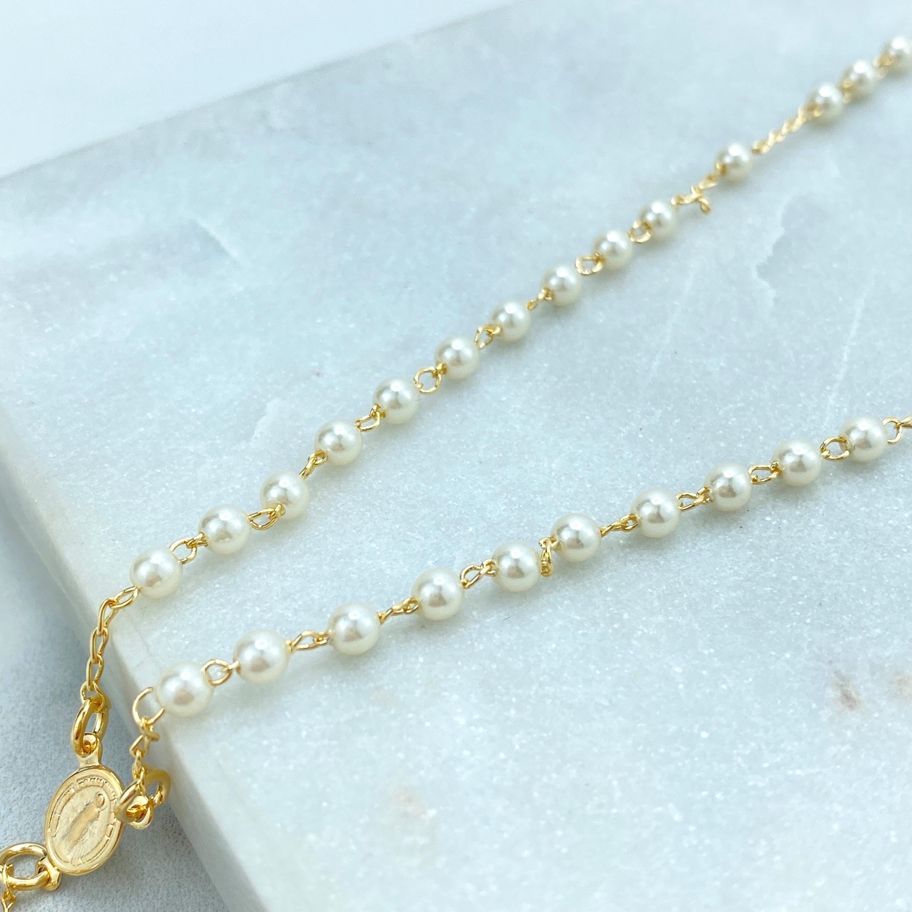 Rosenkranz aus 18 Karat Gold gefüllten Perlen mit La Milagrosa-Anhänger, Rosenkranz aus künstlichen Perlen mit der wundersamen Jungfrau, Großhandelsschmuck