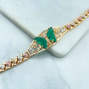 18k Gold Filled Three Tone Rose Flowers, Old Pink or Red Zirconia Butterfly, Bracelet, Wholesale and Jewelry Supplies