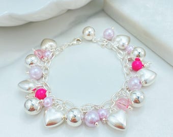 Silver Filled Charm Bracelet, Puffy Hearts with Pink Pearlescent Clusters