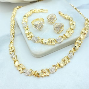 18k Gold Filled Hearts & Bears with Cubic Zirconia, XoXo Hug and Kisses Shape Set (04 Pieces) Wholesale Jewelry Making Supplies