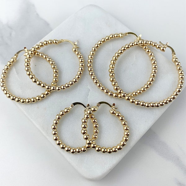 18k Gold Filled Beaded Hoop Earrings Available In 30mm, 40mm or 50mm Diameter Wholesale Jewelry Making Supplies