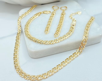 18K Gold Filled Three Piece Set, Braided Curb Necklace Bracelet and Drop Earrings