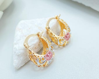 18K Gold Filled Basket Hoop Earrings, Tri Tone Floral Filigree Statement Jewelry