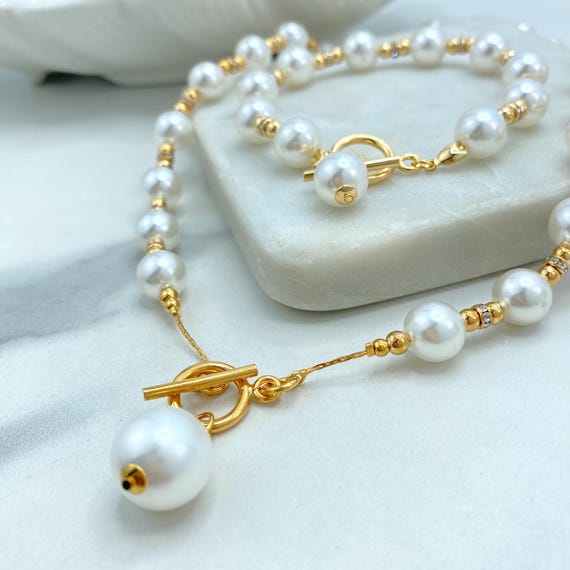 dijujewels 18K Gold Filled Simulated Pearl Necklace and Bracelet Set, Toggle Clasp with Drop Pearl, Classic Bridal Jewelry, Wholesale Jewelry