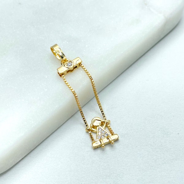 18k Gold Filled Cubic Zirconia Details Child Girl on a Swing Drop & Dangle Charm, Mother Mommy Jewelry, Wholesale Jewelry Making Supplies