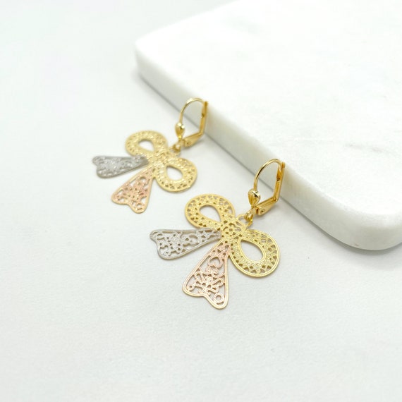 18k Gold Filled Filigree Three Tone Bow Ribbon Shape Earrings