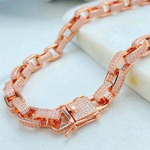 Cadena de eslabones pavé de oro rosa de 14 quilates, cierre de caja con circonitas cúbicas, collar llamativo