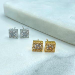 18k Gold Filled or Silver Filled, Square Shape Stud Earrings with Cubic Zirconia, Unisex Square Earrings, Unisex Earrings, Wholesale Jewelry