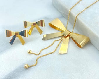 18K Gold Filled Bow Jewelry Set, Necklace and Stud Earrings, Feminine Gift