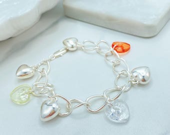 Silver Filled Heart Charm Bracelet, Open Link Chain with Transparent Drops