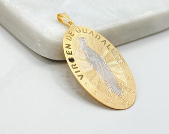 18K Gold Filled Virgin of Guadalupe Pendant, Two Tone Religious Medal