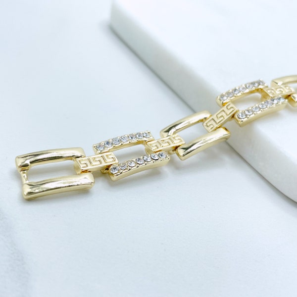 18k Gold Filled with Cubic Zirconia, Rectangular Linked Bracelet with Patterned Details, Wholesale Jewelry Making Supplies