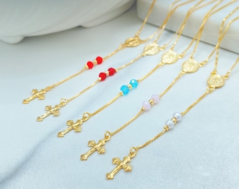 18K Gold Filled Rosary Necklace, La Milagrosa Y Drop with Bead Options