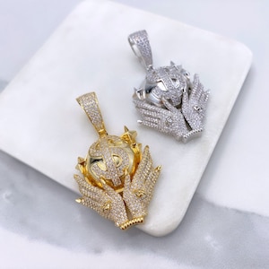 18k Gold Filled or Silver Filled Micro Cubic Zirconia Money Bag with hands holding Shape Pendant, Large Bail, Wholesale Jewelry Supplies