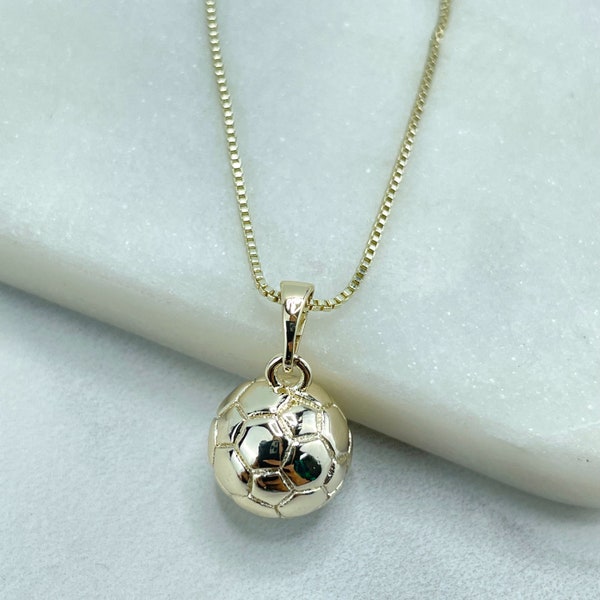 18k Gold Filled 1mm Box Chain Necklace avec 3D Soccer Ball Football Pendant Charm, Sports Pendants, Wholesale Jewelry Making Supplies