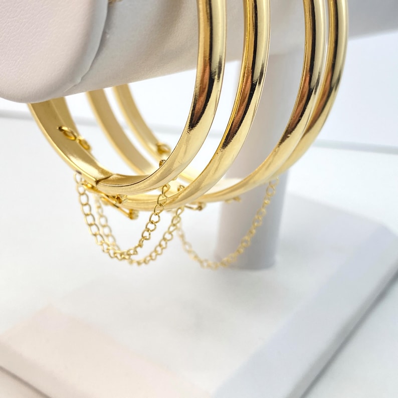 18k Gold Filled Bangle Bracelets With Safety Clasp and Chain, or Safety