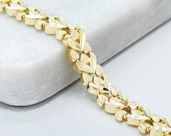18K Gold Filled Linked Heart Bracelet, Textured Chevron Chain for Women