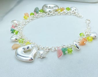 Silver Filled Charm Bracelet, Open Heart with Multicolor Bead Dangles