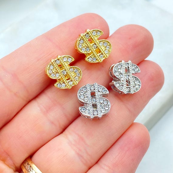 18金張りまたは銀張り、ドル記号スタッドピアス、CZパヴェドル記号