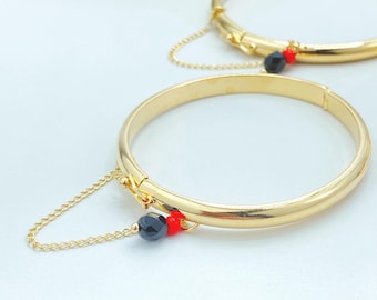 18K Gold Filled Simulated Azabache Bangle, Chain Detail Bracelet in 3 Sizes