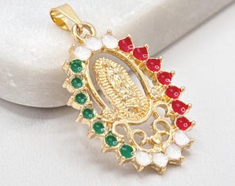 18K Gold Filled Virgin of Guadalupe Pendant, Tricolor CZ Devotional Medal
