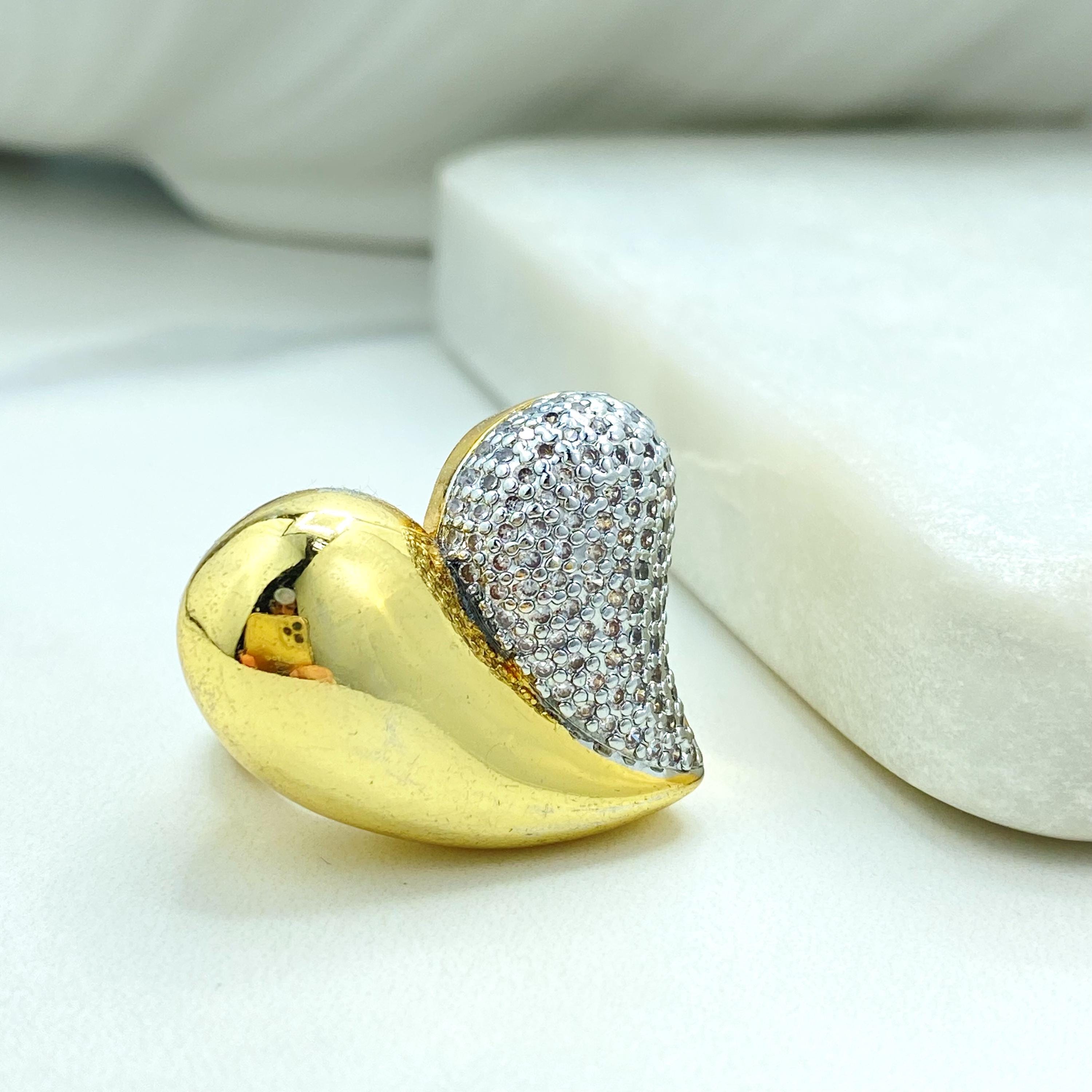 Gold Plated Adjustable Heart Ring, Half Pave Design, Romantic Statement ...
